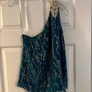 Lilly Pulitzer Teal and Gold One-Shoulder Blouse